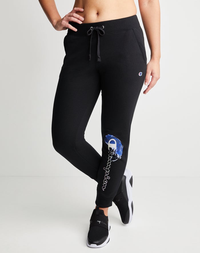 Champion Womens Joggers NZ - Powerblend Fleece Crashing Wave & Script Logo Black ( 7193-KEGFY )